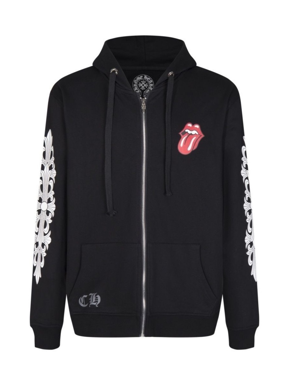Black Zip Hoodie with Red Tongue Motif